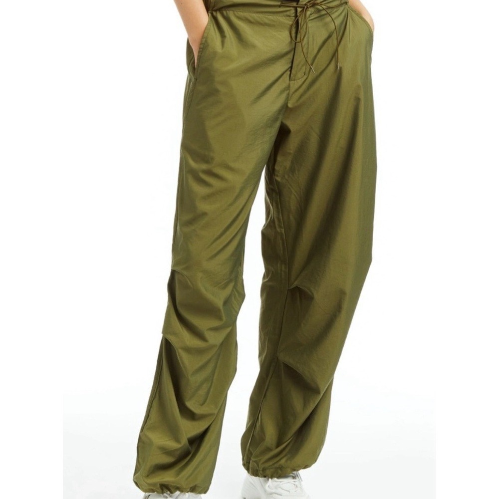Olive Green Parachute Pants Drawstring Waist Lightweight Casual Trousers Large